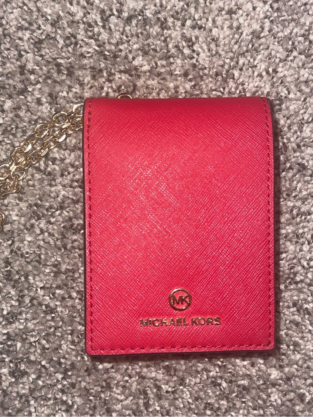 Michael Kors Red Saffiano Card Case with Gold Chain